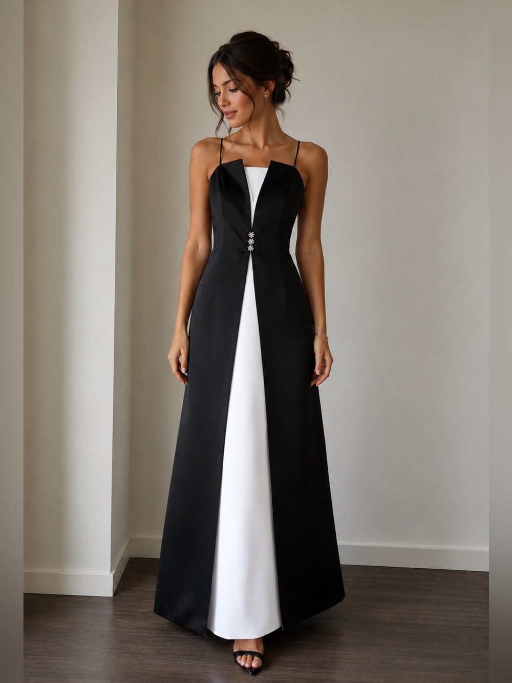 Vintage Michaelangelo Black and White Strapless Prom Gown with Center Brooch